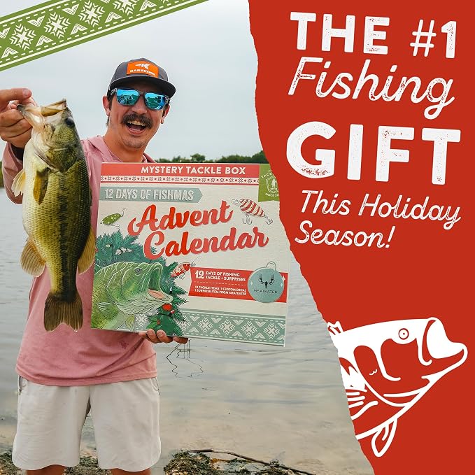 Catch Co Mystery Tackle Box 12 Days of Fishmas Advent Calendar | Bass Fishing Lure Gift Set with 35 baits & lures including 10 Premium Baits, Holiday Decal & Meateater Trivia Pack