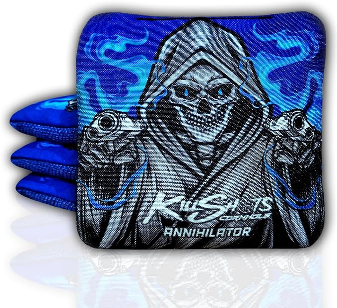 Killshots Cornhole | Annihilator Series | Limited Edition | Premium Cornhole Bags | Double-Sided Stick & Slide | Durable | Resin Filled | Regulation 6x6, 16oz | Set of 4 (Blue Reaper)