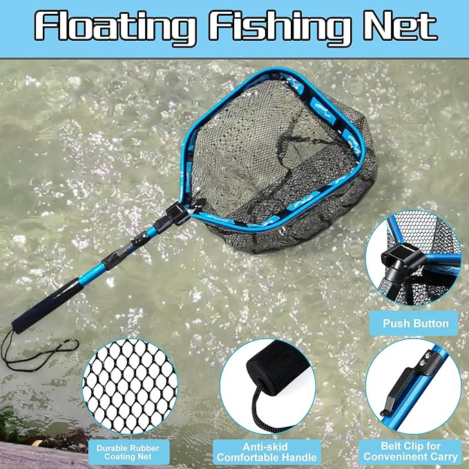 PLUSINNO Floating Fishing Net for Steelhead, Salmon, Fly, Kayak, Catfish, Bass, Trout Fishing, Rubber Coated Foldable Landing Net with Fixed or Telescoping Pole Handle, Fishing Gear and Gifts for Men