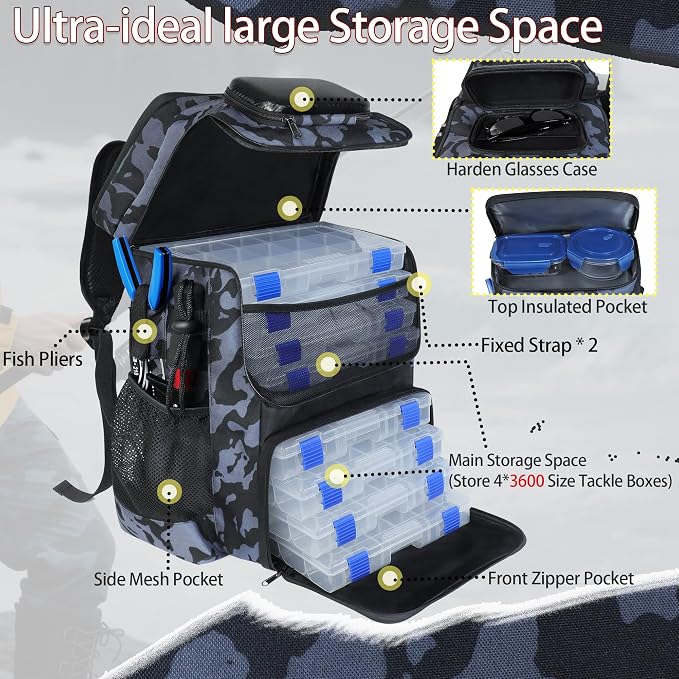 Fishing Backpack with Rod Holder X-Large 60L Tackle Gears Bag with Cooler for Storage Tackle Box and Fishing Accessories Stuff, Fish Gifts for Men Woman-Black Camo