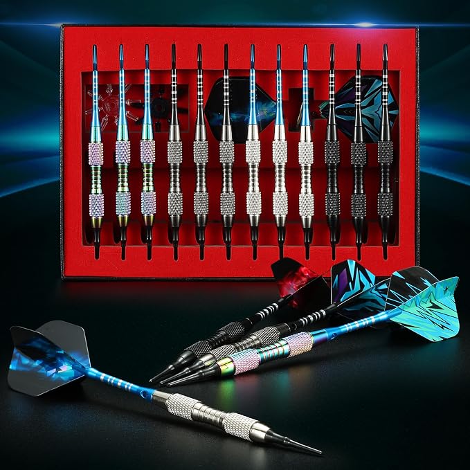 Soft Tip Darts Set with Gift Box Dart Case Professional Darts Plastic Tip with 100 Dart Tips 12 Shafts 24 Flights Tool Kit Flight Protectors for Electronic Dart Board