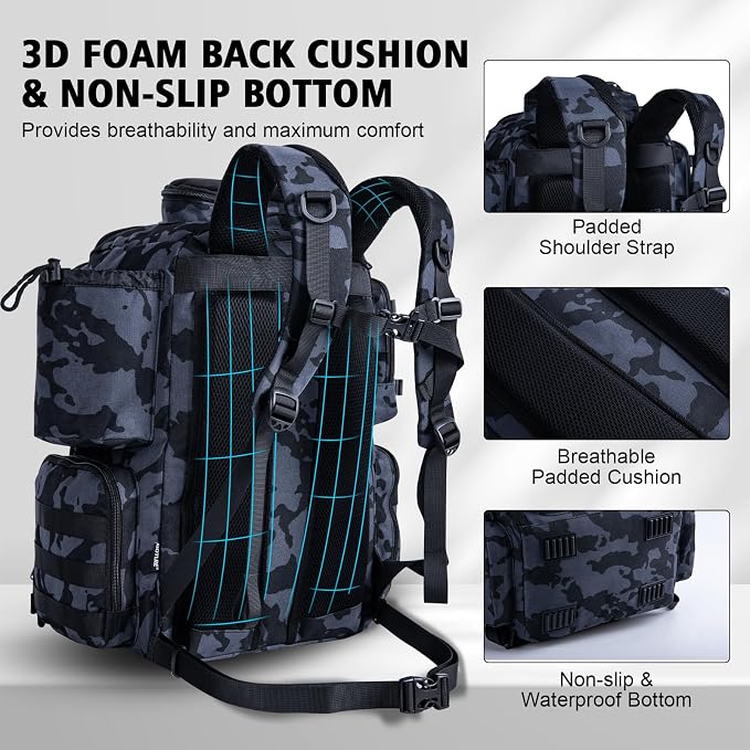 Goture Fishing Backpack, 900D Water-Resistant Tackle Backpack with Rod Holders, 45L Large Fishing Bag Storage Gear Tackle Bag with 8 Lure Pockets, Rain Cover for Camping Hiking(Without Tackle Box)