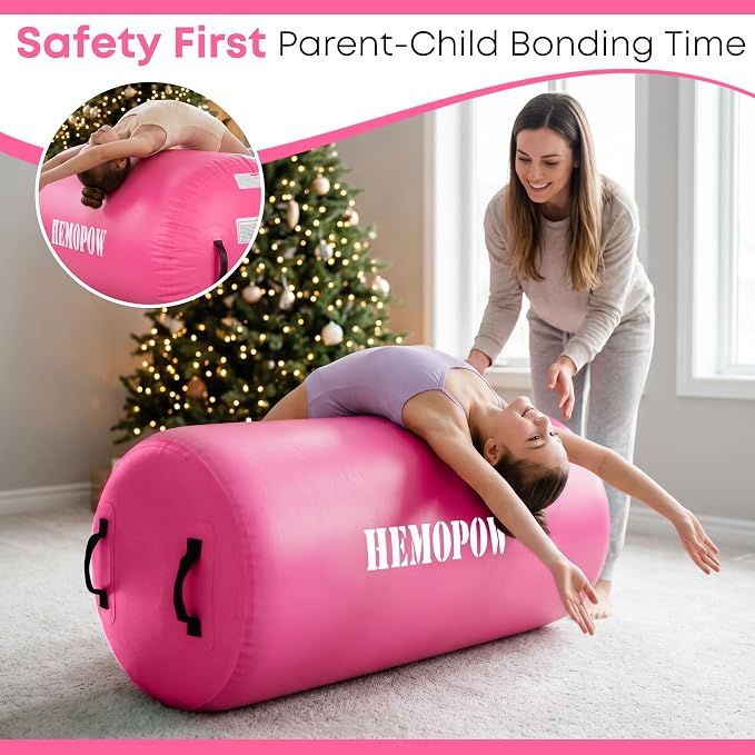 Inflatable Gymnastics Air Barrel Roller with Electric Pump, Heavy Duty PVC Tumbling Barrel Back Handspring Trainer, Air Tumble Track Mat for Home Gym, Cheerleading, Yoga Practice