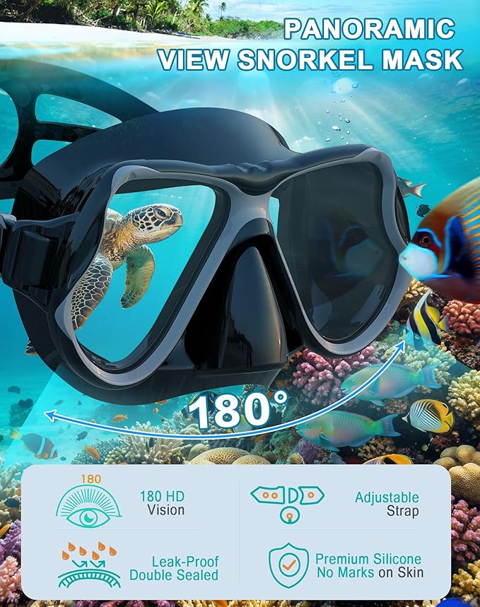 Greatever Dry Snorkel Set,Panoramic Wide View Anti-Fog Scuba Diving Mask,Professional Snorkeling Gear for Adults Kids