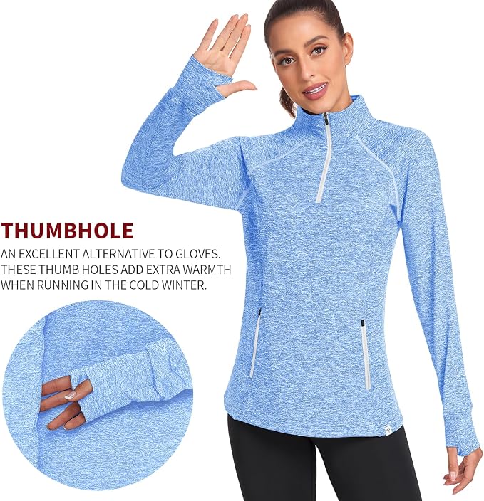 Soneven Women's Thermal Fleece Running Shirts Warm Winter Pullover Cold Weather Workout Hiking Tops with Thumb Holes Pockets