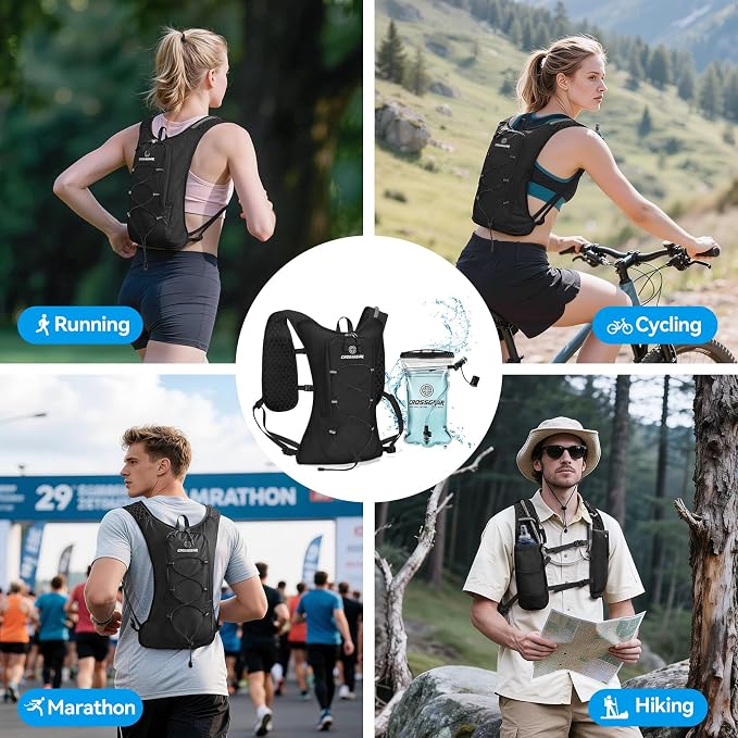 Lightweight Hydration Backpack with 1.5L TPU Water Bladder, CROSSGEAR Running Hydration Vest, Ultralight Hiking Backpack for Women Men, Running Water Daypack for Cycling Hiking Marathon