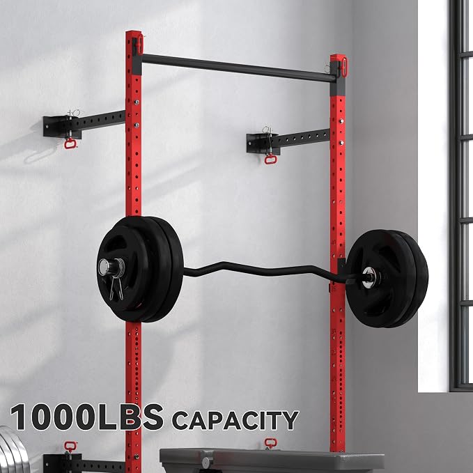Soozier Folding Squat Rack with Adjustable Pull-Up Bar, 1000 Pounds Capacity Wall Mounted Power Rack, Adjustable Steel Barbell Rack with J Hooks for Home Gym Full Body Workout