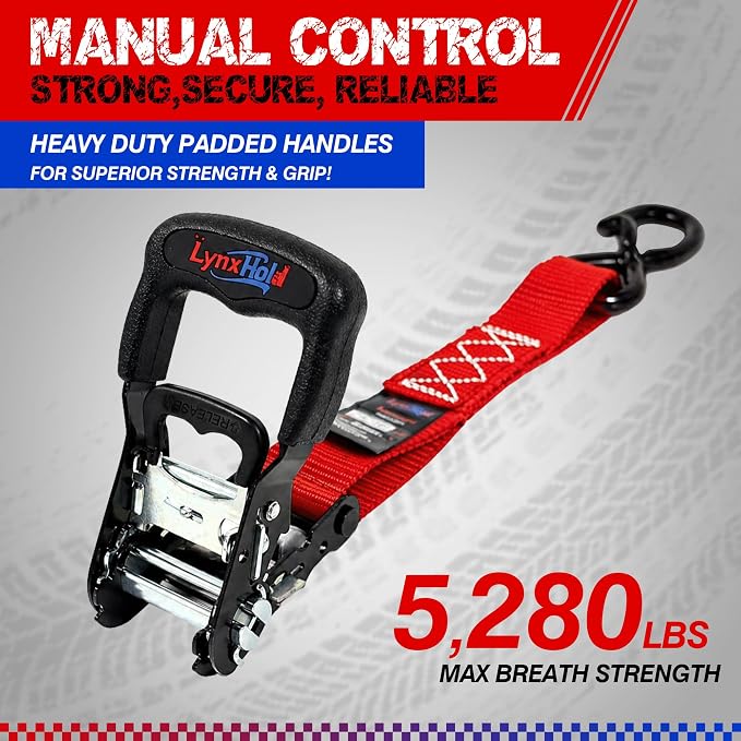 Ratchet Tie Down Straps, 5280lbs Break Strength, 1.6" x 8' Heavy Duty Ratchet Tie Down Strap Set with Padded Handles, Coated S Hook, Soft Loop for Trucks, ATV, UTV, Motorcycle, Cargo & More -Red