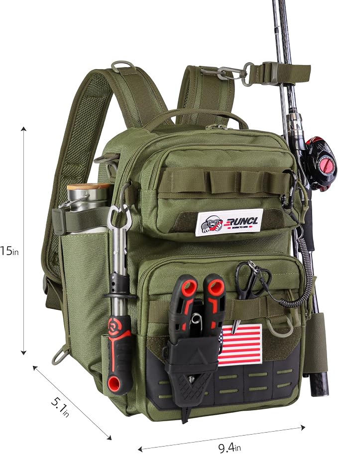 RUNCL Fishing Tackle Backpack, Lightweight Portable Gear Bag, Soft & Comfortable All Day Carry Design, Large Capacity Multi-Pocket Organizer Storage for Bass Fishing, Kayak, Bank & Shore Anglers