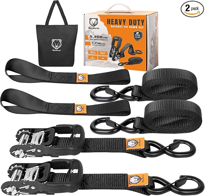 2 Pack Ratchet Straps,Heavy Duty Powersports Tie Downs Load Straps,5208lbs Break Strength 1.5in x 8ft with Safety S Hooks and Soft Loops for Motorcycle Truck Cargo Roof Rack,Break Strength, Black