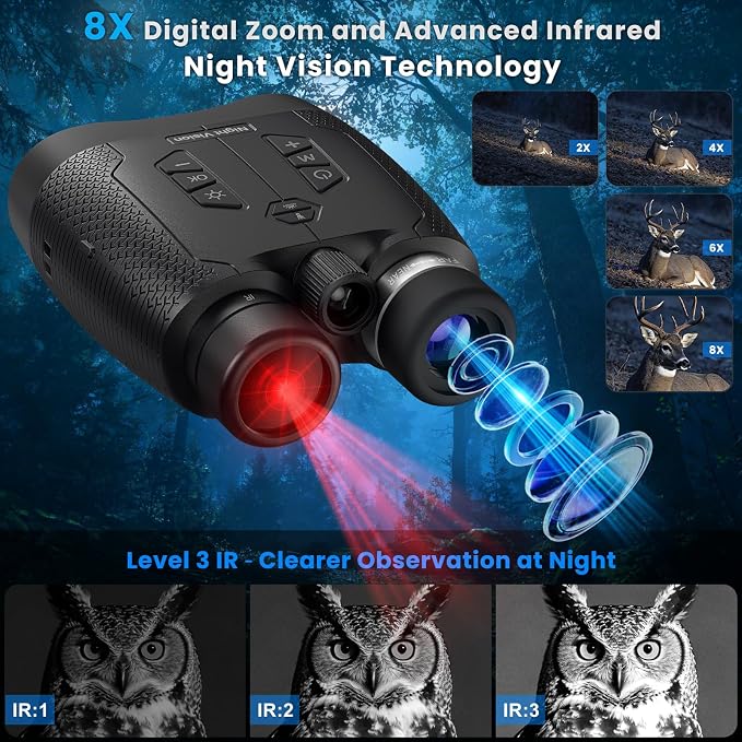 4K Night Vision Goggles for Adults, Infrared Night Vision Binoculars with 8X Digital Zoom, 1670FT Range with 32GB Card for Hunting, Wildlife Observation Camping, Security and Outdoor Use