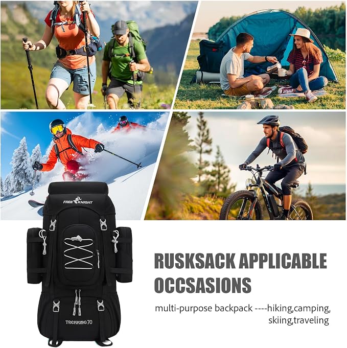 Bseash 70L (65+5) Waterproof Hiking Camping Backpack with Rain Cover, Outdoor Sport Travel Daypack for Climbing Touring (Black)
