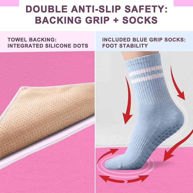 Upgraded Yoga Mat Towel with Bonus Grip Socks, Rose Pink | Elegant Embroidered, 1-Second Sweat Absorption & Non-Slip | Machine Washable Microfiber | Hot Yoga, Pilates | 73''*27.6''