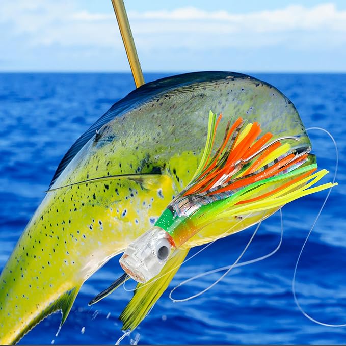 Trolling Lures Saltwater for Tuna Mahi Marlin Wahoo Dolphin Shark Offshore Trolling Baits with Squid Skirt Big Game Fishing Lures Deep Sea Squid Skirts Rig 6/9 inch