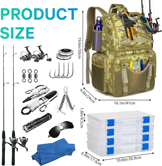 RUCYEN Fishing Backpack, 45L Large Cooler Fishing Tackle bag with Rod Holders & Rain Cover, Water-resistant Store Gear (Khaki Camo(With 4 Tackle Boxes))