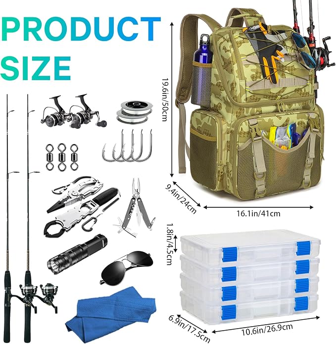 RUCYEN Fishing Backpack, 45L Large Cooler Fishing Tackle bag with Rod Holders & Rain Cover, Water-resistant Store Gear (Khaki Camo)