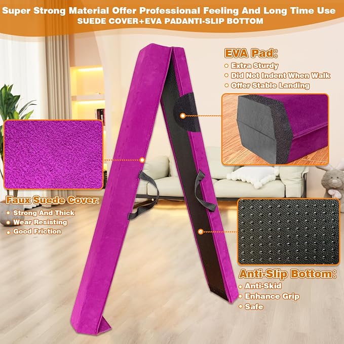 MARFULA 6 FT / 8 FT / 9 FT Folding Gymnastics Beam Foam Balance Floor Beam - Extra Firm - Suede Cover - Anti Slip Bottom with Carry Bag for Kids/Adults Home Use