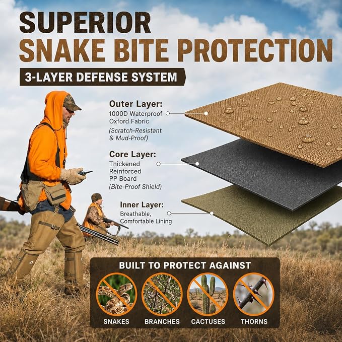 Snake Gaiters for Men&Women Waterproof Snake Guard Leg Protection with PP Board Inserts 1000D Oxford Fabric Hunting Gaiters with Secure Underfoot Straps for Hiking Fishing Farming Brush Clearing
