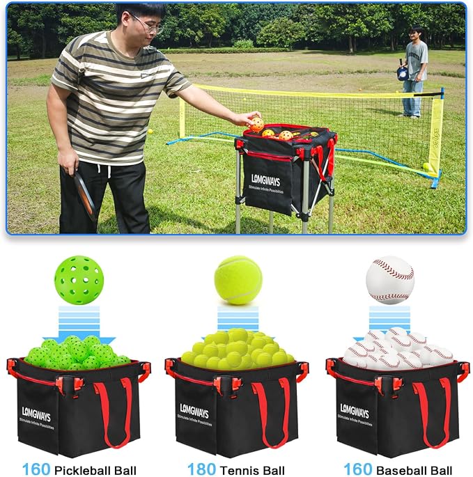 Pickleball Tennis Hopper–Foldable Cart Holds 180 Tennis/160 Pickleballs | Large Capacity |Lightweight with Wheels | Removable Bag| Side Pocket | Multi-Sport Use