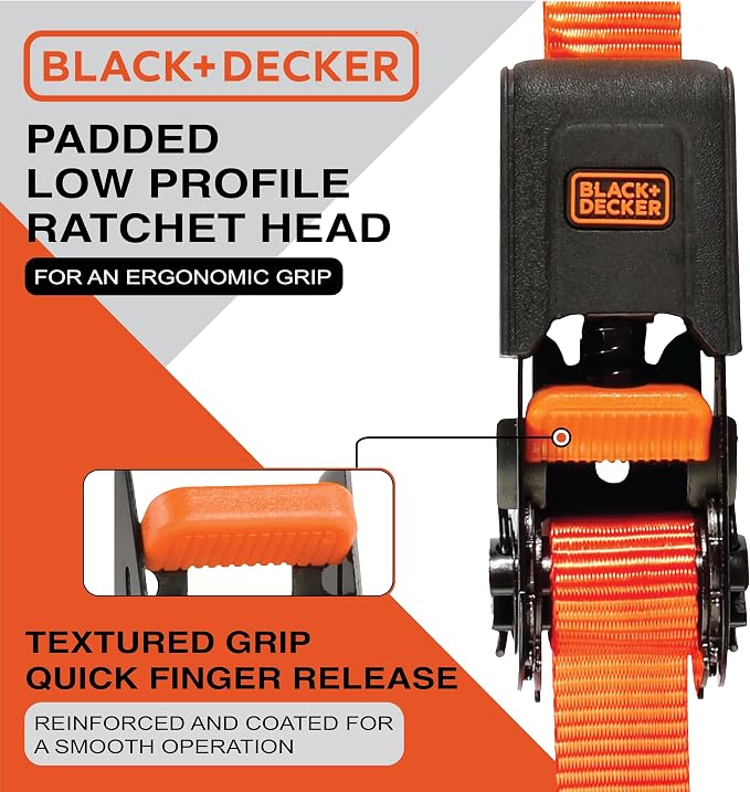 BLACK+DECKER 6-Piece Light-Duty Ratchet Tie-Down and Bungee Strap Kit | 1" x 12' Light-Duty Ratchet Straps, 1,500 lbs Break Strength, 48" Flat Bungee Straps, Kit for Securing Lightweight Cargo