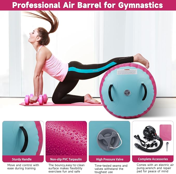 Air Barrel - Air Roller Gymnastics Barrel for Back Handspring Trainer, Air Tumble Mat with Pump for Gym Training/Yoga Balance Exercise/Cheerleading/Home and Outdoor Use