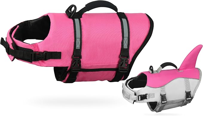 AMZNOVA Shark Dog Life Jacket + Rip Stop Dog Life Jacket, Durable Handle Reflective Buoyance