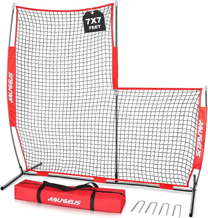 Baseball & Softball Portable Practice Batting Screen, 7-FT I-Screen or L-Screen Pitching Net for Pitcher Protection with Carry Bag and Ground Stakes