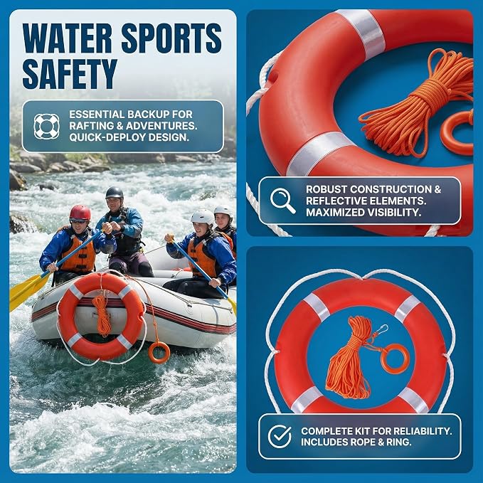 Life Ring Buoy w/ 98.4 FT Floating Rope, Boat & Pool Safety Throw Ring | 23" & 28" Boat Safety, 3.3 lb & 5.5 lb Throwable Flotation Device, HDPE UV-Resistant Boat Safety for Dock & Pool Lake Rescue