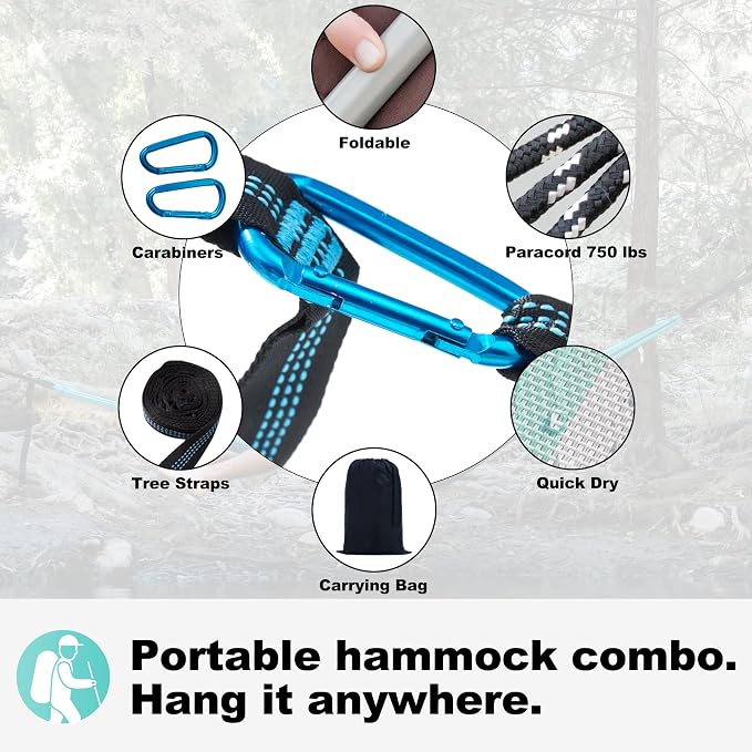 GAFETE 14ft 2 Person Hammock for Outside, Quick Dry Textilene, Portable Hammocks Without Stand with Folding Steel Spreader Bar, Carrying Bag, Tree Straps, Pillow & Sidebag, 550 lbs Capacity (Cyan)