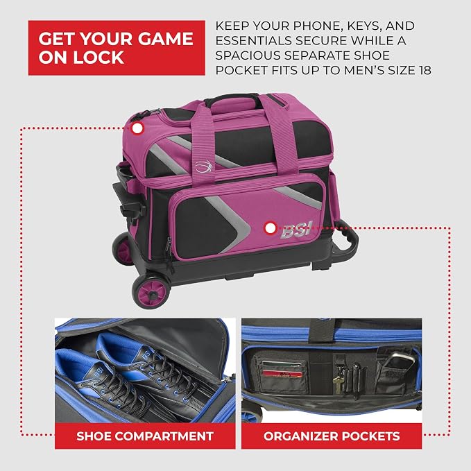 BSI Dash Roller Bowling Bag with Smooth Rolling Wheels, Padded Ball Compartment, Retractable Locking Handle, & Shoe Pocket