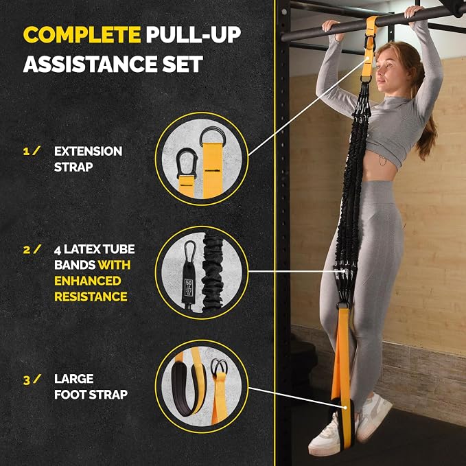 Pull Up Assistance Bands - 4 Heavy Duty Pull Up Bands with Adjustable Strap and Foot Rest - Stackable Pull Up Assist Band Set for Pull Up Bar - Resistance Bands for Pull Ups Chin Ups Strength Training
