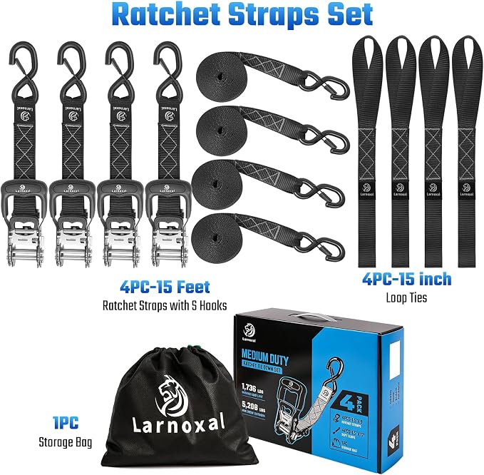 Ratchet Straps, 1.5 inch x 15 ft(4 Pack) Heavy Duty Tie Down Straps, Ratchet Tie Down Straps with Soft Loops-5,208 lbs (Black)