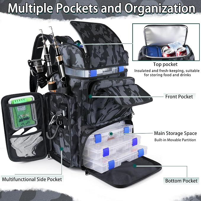 Fishing Backpack with Fishing Rod and Reel Combos Tackle Boxes,45L Waterproof Tackle Backpack with Rod Holder,Fishing Gifts for Men Women Freshwater Saltwater