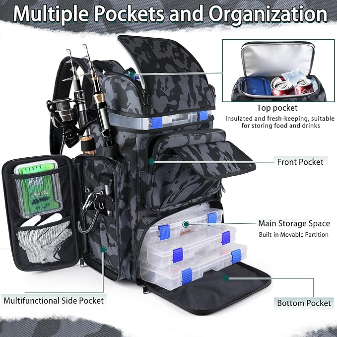 Fishing Tackle Backpack With Rod Holders,45L Large Tackle Bag & Fishing Tackle Backpack for Fishing,Camping, Hiking,Camouflage Gray White