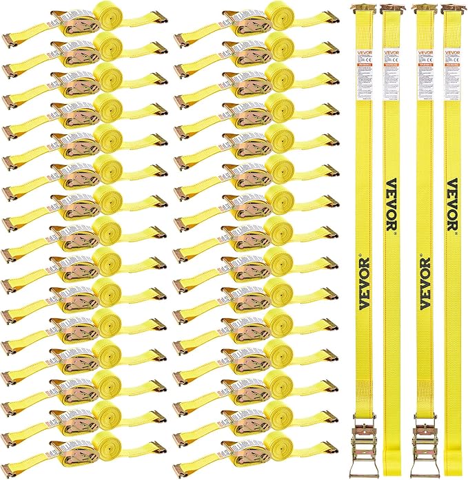 VEVOR E Track Ratchet Straps (30-Pack), 2" x 15'E-Track Straps 4400 LBS Breaking Strength, Polyester Webbing & Spring Fitting & Ratchets, Durable Tie-Downs for Tires Motorcycles Trailers Loads Yellow