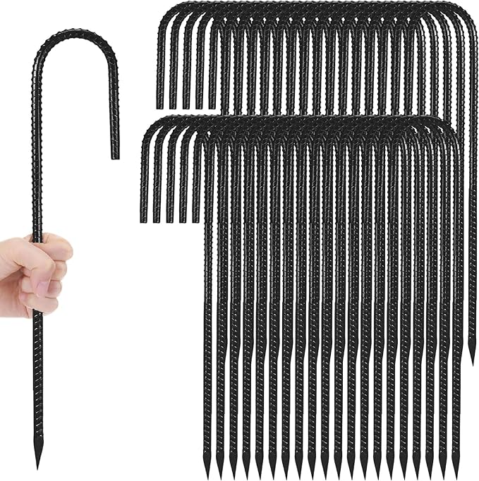Gisafai 40 Pcs 24 Inch J Hook Rebar Stakes, Garden Ground Stakes Heavy Duty Tent Stake Ground Anchors Steel Plant Support Stake Long Straight Metal Spikes with Chisel Point End for Concrete Timber