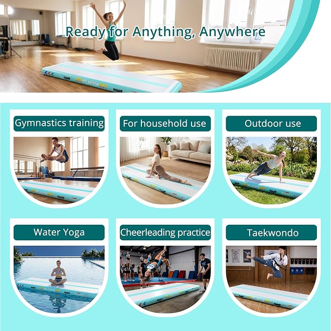 Air Tumble Track Mat for Gymnastics | 4/6 / 8 inches Air Tumbling Mats, 6.56/10 / 13 / 16ft Inflatable Gymnastics Mat for Home Use, Training, Cheerleading, Water Yoga with Electric Air Pump