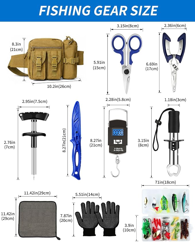 Fishing Tool Kit - 112pcs Fishing Gear & Equipment, Fish Pliers, Hook Remover, Scale, Scissors, Lip Gripper, Lures
