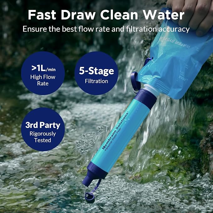 Membrane Solutions Squeeze Water Filtration System, Survival Water Purifier Kit, Portable Backpacking Gear for Hiking Camping Travel, 4+6 Piece Set