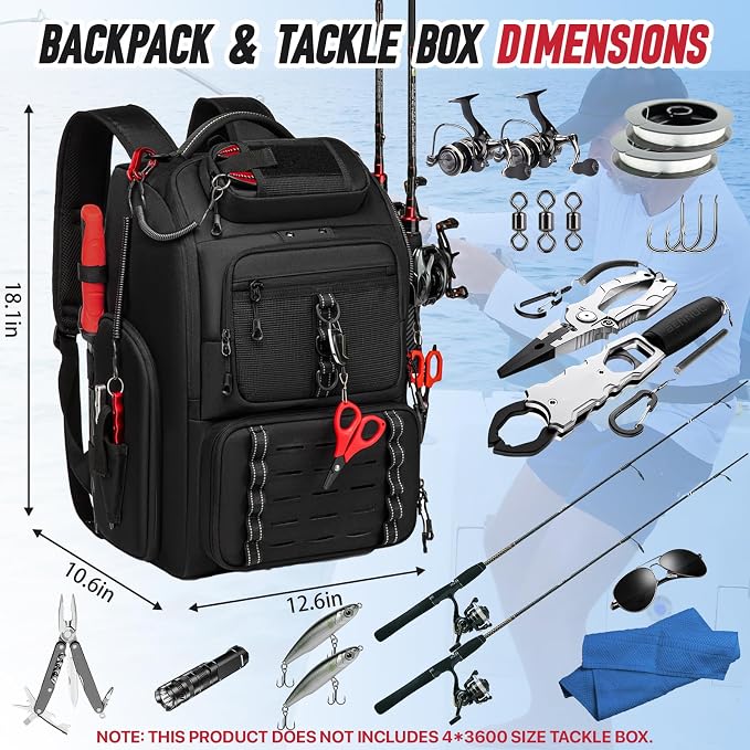 Fishing Tackle Backpack,40L Tackle Bag with 2 Rod Holders,Water-Resistant Large Storage Fishing Gear and Equipment(Black)