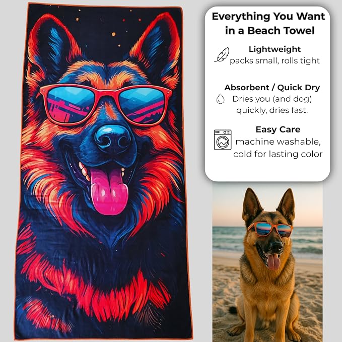 Microfiber Funny German Shepherd in Sunglasses Colorful Beach Towel for Women, Girls, Kids, Boys, Men, Plush Beach Towel, Absorbent Pool Towel Super Soft, Oversized 31x62 Inches