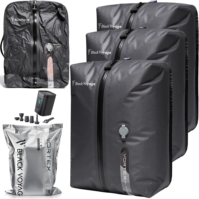 Black Voyage Reusable Vacuum Compression Travel Bag for Carry-On Suitcase and Backpack, Recycled IPX8 Waterproof Space Saver Vacpack (3-Pack, 18L - Pump Included)