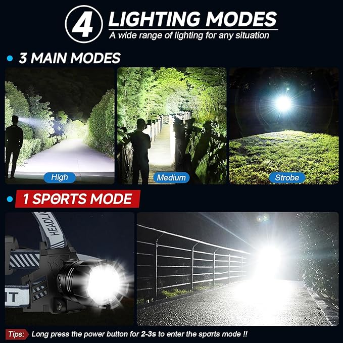 2Pack Headlamp Rechargeable, 99000 LM Super Bright LED Head Lamp with 3 Modes, 90° Adjustable Head Lights for Forehead, 20+Hrs Runtime & IPX6 Waterproof HeadLamps for Camping Running