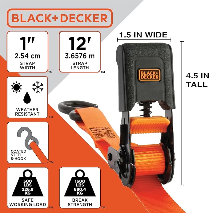 BLACK+DECKER 6-Piece Light-Duty Ratchet Tie-Down and Bungee Strap Kit | 1" x 12' Light-Duty Ratchet Straps, 1,500 lbs Break Strength, 48" Flat Bungee Straps, Kit for Securing Lightweight Cargo