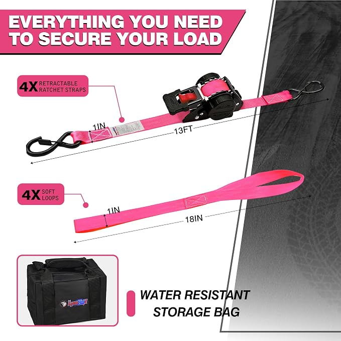 Retractable Ratchet Straps1In x 13Ft - Heavy Duty Auto Slow Retraction Tie Down Straps - 1,800lb Break Strength Self Retracting for Truck, Cargo Trailer, Motorcycle, ATV, UTV - Pink, 4Pack