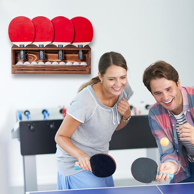 Ping Pong Paddle Storage Rack, Ping Pong Accessories Organizer Wall-Mount for 6 Paddles, 6 Pickleball Paddles and Balls, Pine Wood Table Tennis Racket Display for Game Room Bar Office Home