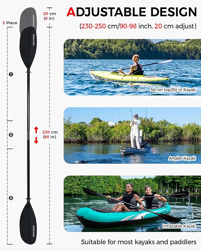 Kayak Paddle with Fiberglass Shaft and Reinforced Nylon Blade, Adjustable Kayaking Oars, 3 Piece, 230-250 cm/90-98 inches, 210-230 cm/82-90 inches