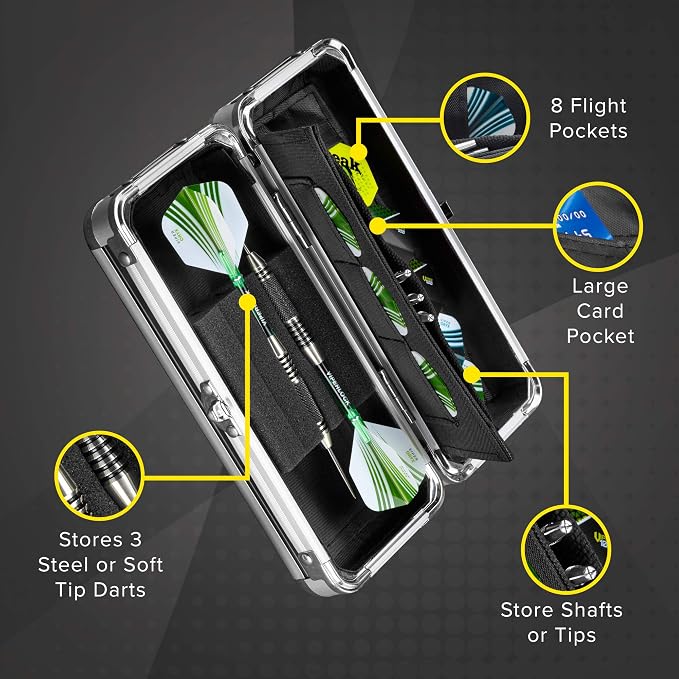 Casemaster Sole Aluminum Slim Profile Dart Case Holds 3 Steel Tip and Soft Tip Darts with Enough Space to Keep Flights in Shape, Features Built-In Pockets for Other Accessories