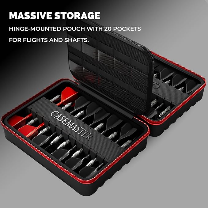 Casemaster Maxx 8 Dart Case, Holds 24 Steel Tip or Soft Tip Darts Fully Assembled, Hard Shell EVA Darts Case, 20 Accessory Pockets, Red