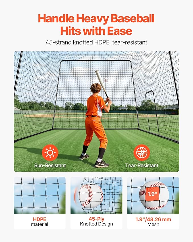 VEVOR Baseball Batting Cage,Professional Softball Baseball Batting Hitting Training Net,Heavy Duty Enclosed PE Practice Portable Pitching Cage Net&Carry Bag,for Backyard,Field,Indoor&Outdoor